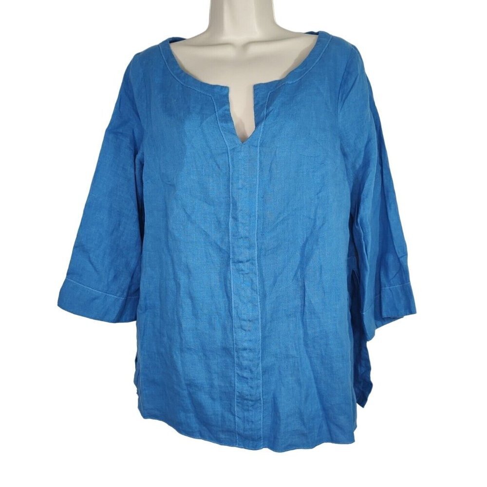 Three Dots Blue Linen Tunic Top Women Size S Split Neck 3/4 Sleeve Side Slits
